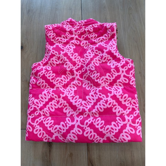 Lilly Pulitzer Girls Reversible Puffer Vest Gold Metallic Pink Palm Tree Print - Picture 6 of 8